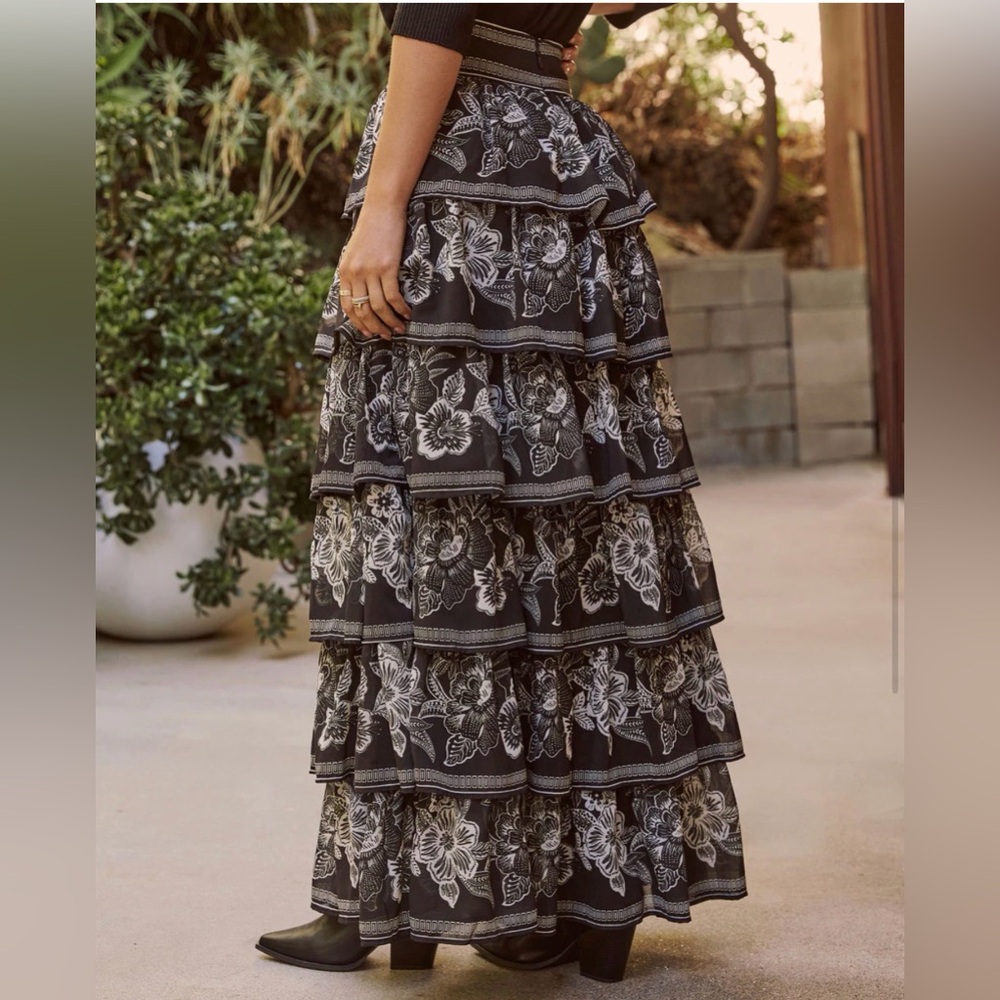Vici Tiered, Black and White, Floral Maxi Skirt